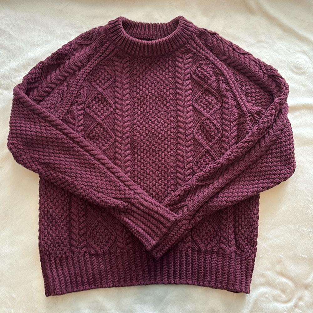 LL Bean Signature cableknit cotton fisherman  pullover sweater, wine, size M